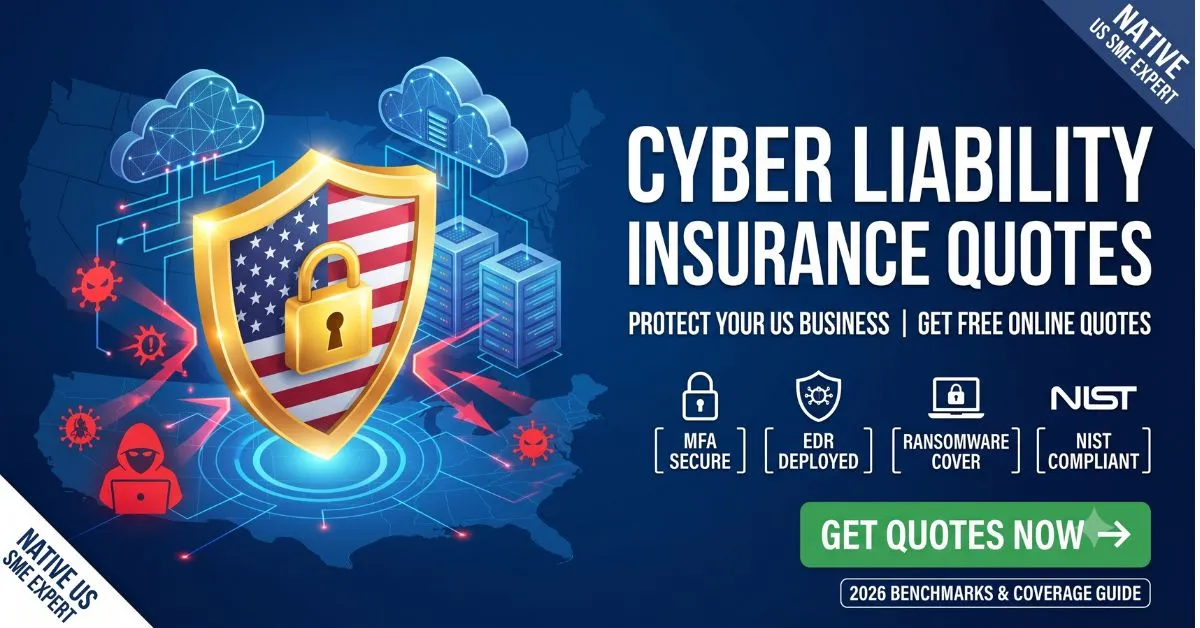 Infographic showing 2026 average cost of cyber liability insurance quotes by business size and annual revenue.
