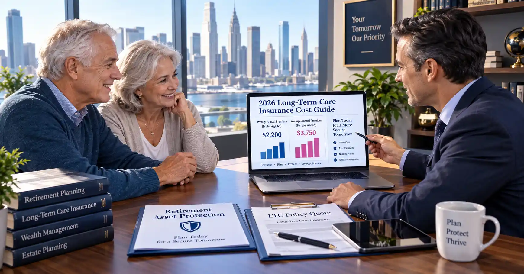 A senior couple reviewing a 2026 long term care insurance policy and cost breakdown with a licensed financial advisor.