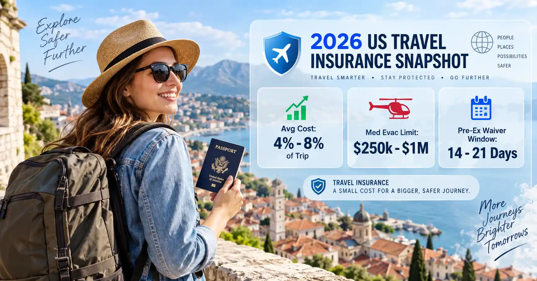 A traveler reviewing a comprehensive travel insurance policy document next to a US passport.