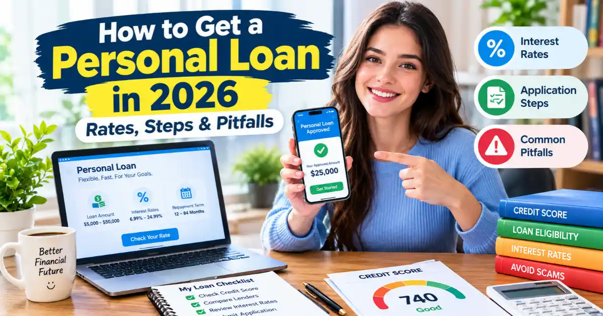 Woman reviewing personal loan options with a smartphone, laptop, credit score report, and loan application checklist.